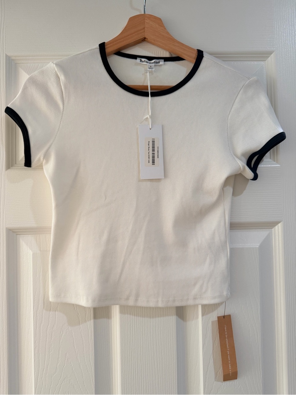 Reformation Muse White Ribbed Tee with Black Trim